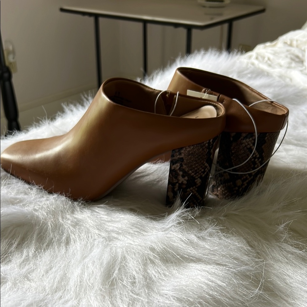 A New Day Brown Mules with Modern Geometric Heel